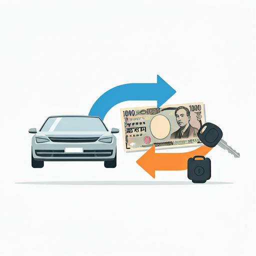 車リースバックのイメージ：車を売却して現金を受取り、鍵でそのまま乗り続ける